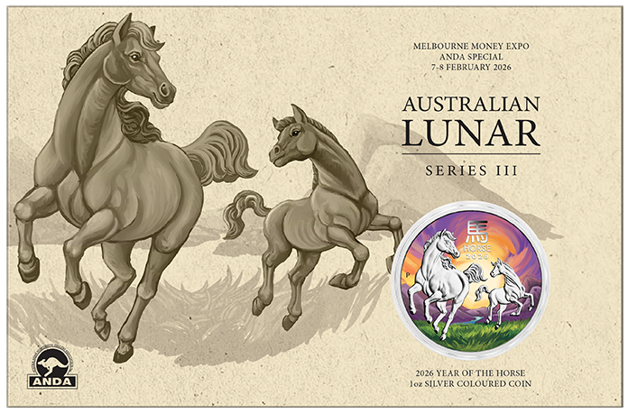 Melbourne Money Expo ANDA Special - 2026 Lunar Year of the Horse 1oz Silver Coloured Coin in Card - coin in card front