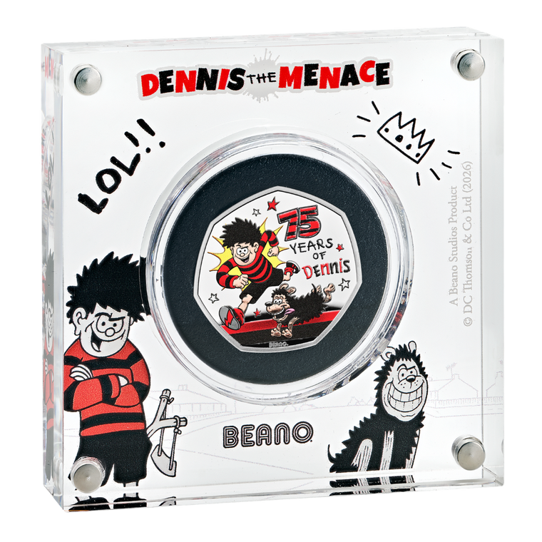 75 Years of Dennis the Menace 2026 UK 50p Silver Proof Colour Coin - acrylic block