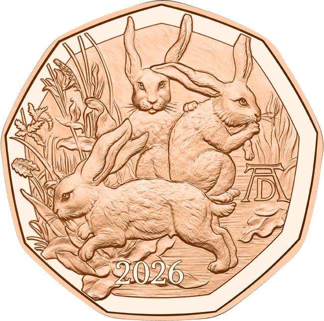 Dürer’s Three Bunnies Cu 5 € Austria 2026 - reverse