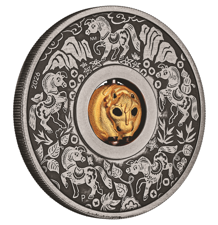 Year of the Horse Rotating Charm 2026 1oz Silver Antiqued Coin - reverse angle