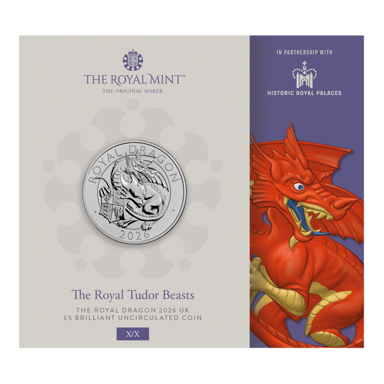 The Royal Tudor Beasts The Royal Dragon 2026 UK £5 Brilliant Uncirculated Coin - coin in card front