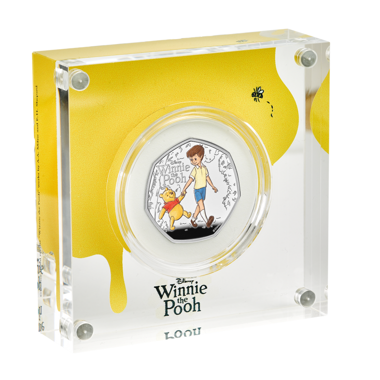 100 Years of Winnie the Pooh - Loyalty 2026 UK 50p Brilliant Uncirculated Coin - acrylic angle