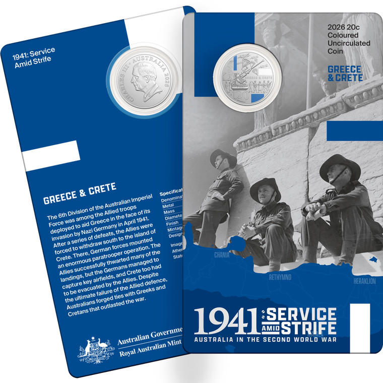 2026 20c Coloured Uncirculated Coin - 1941: Service Amid Strife - Greece & Crete - coin in card