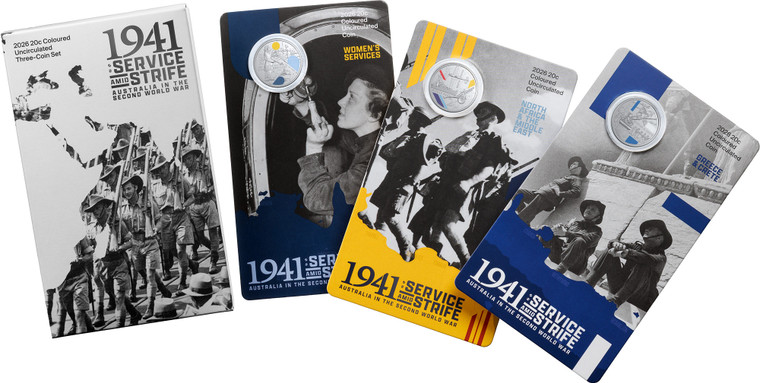 2026 20c Coloured Uncirculated Three-Coin Set - 1941: Service Amid Strife - Coin in Cards presentation