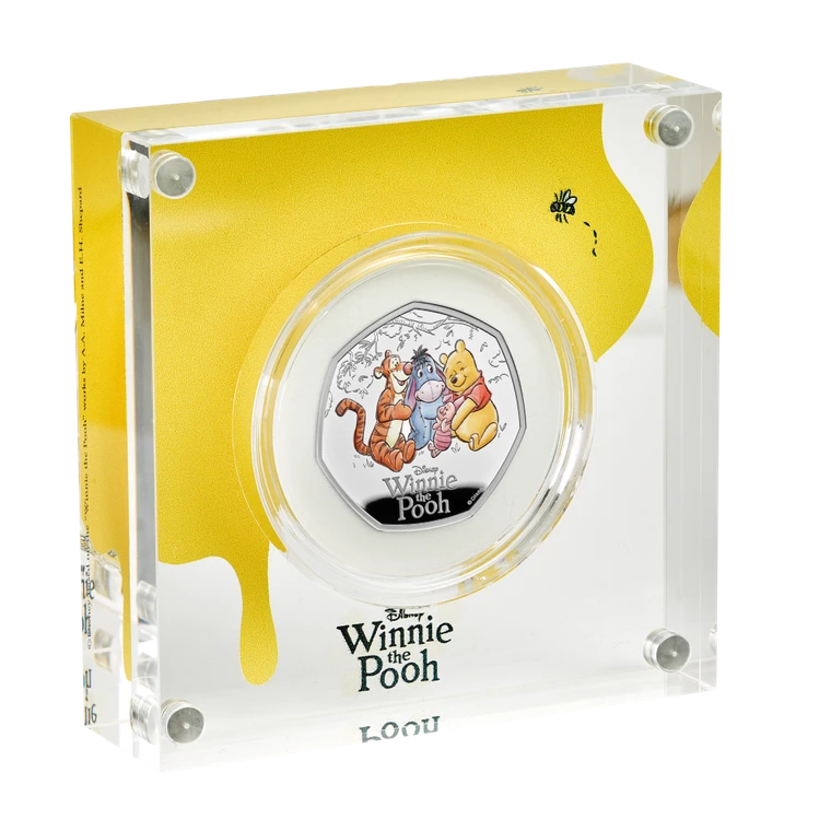 100 Years of Winnie the Pooh - Friendship 2026 UK 50p Silver Proof Colour Coin - acrylic block angle