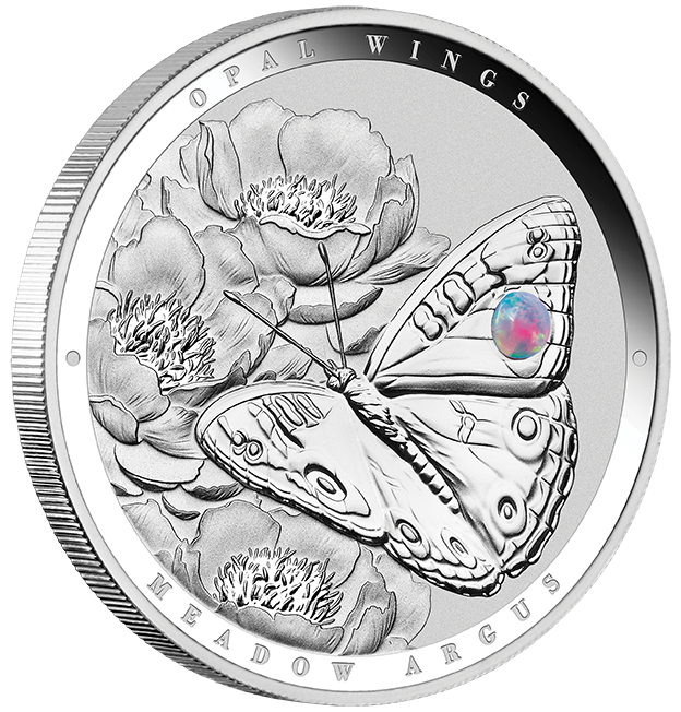 2026 Australian Opal Wings - Meadow Argus 1oz Silver Proof Coin with Opal Insert - reverse angle