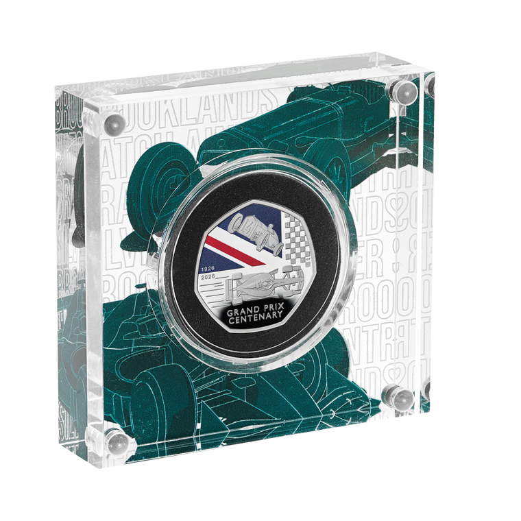 100 Years of the British Grand Prix 2026 UK 50p Silver Proof Colour Coin - Acrylic Angle