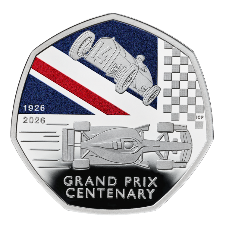 100 Years of the British Grand Prix 2026 UK 50p Silver Proof Piedfort Colour Coin - reverse