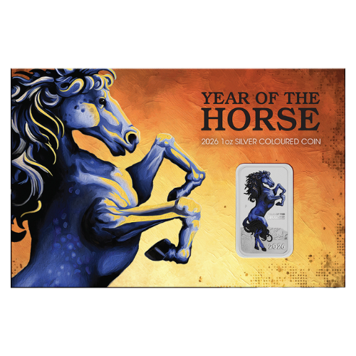 Lunar Horse 2026 1oz Silver Coloured Rectangular Coin in Card - coin in card front