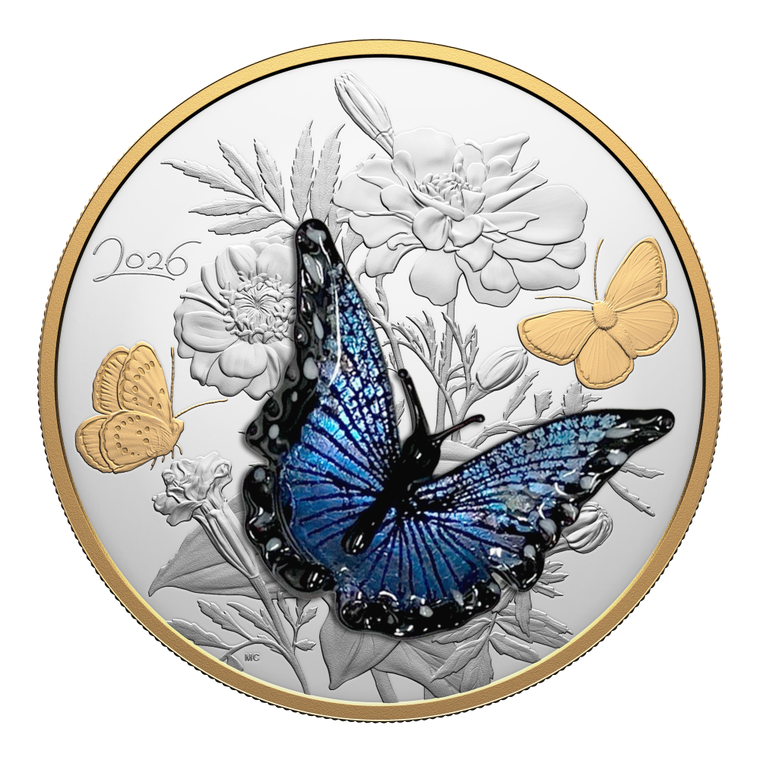 2026 $125 Fine Silver Coin - Murano Silvery Blue Butterfly - reverse