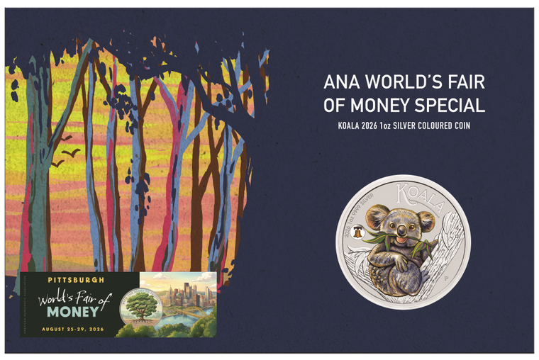 ANA Coin Show Special 2026 Koala 1oz Silver Coloured Coin with Liberty Bell Privy - coin in card front
