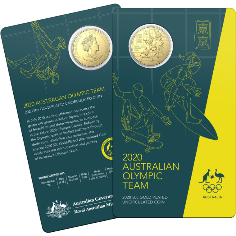 2020 50c Australian Olympic Team Round Gold Plated Unc Coin - in presentation card