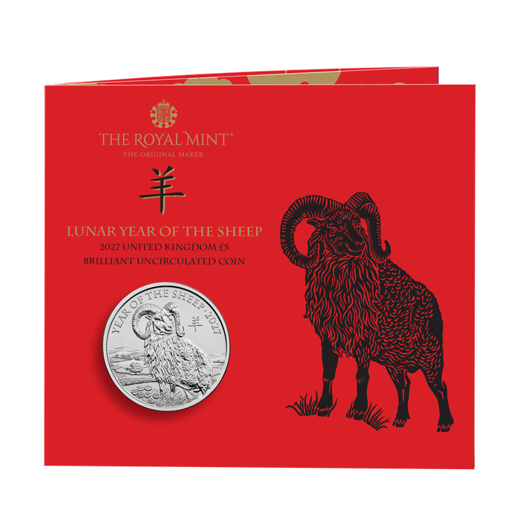 Lunar Year of the Sheep 2027 UK £5 Brilliant Uncirculated Coin - coin in card