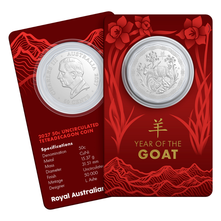 2027 50c Lunar Series - Year Of The Goat Uncirculated Tetradecagon Coin - coin in card
