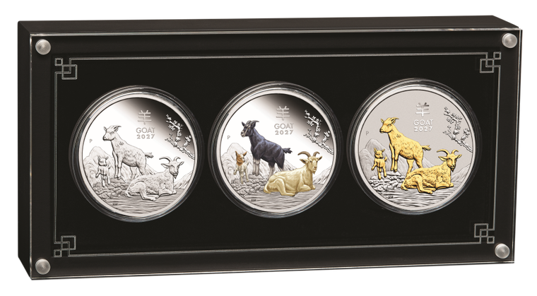 Australian Lunar Series III 2027 Year of the Goat 1oz Silver Trio - presentation