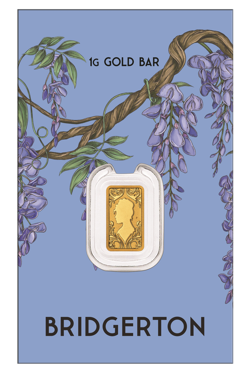 Bridgerton 1g Gold Minted Bar - coin in card front