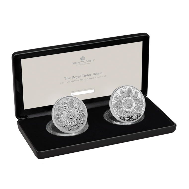 The Royal Tudor Beasts The Completer 2027 UK Silver Proof Two-Coin Set (Standard 1oz Silver & 1oz RF Silver) - coin set presentation