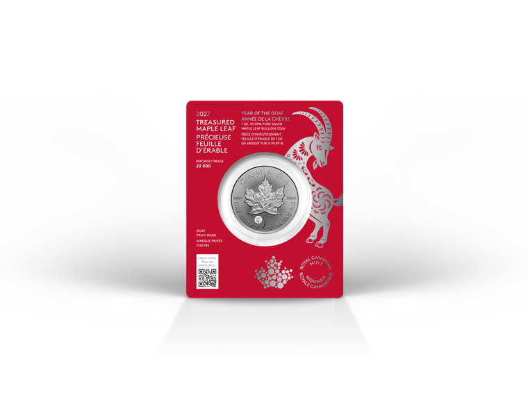 2027 $5 1oz 99.99% Pure Silver Coin - Treasured Silver Maple Leaf: Year of the Goat Privy Mark (Premium Bullion) - presentation front