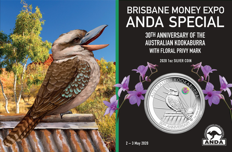 Australian Kookaburra 2020 1oz Silver Coin with Cooktown Orchid Privy in Brisbane Money Expo ANDA Special - in full packaging