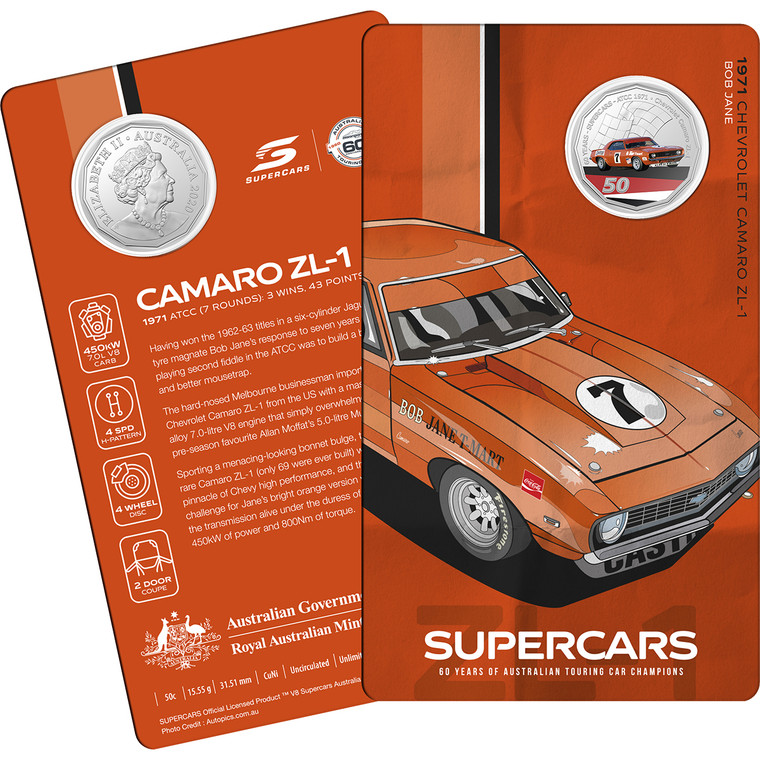 2020 50c 60 Years Of Supercars - 1971 Chevrolet Camaro Unc Coin - in presentation card