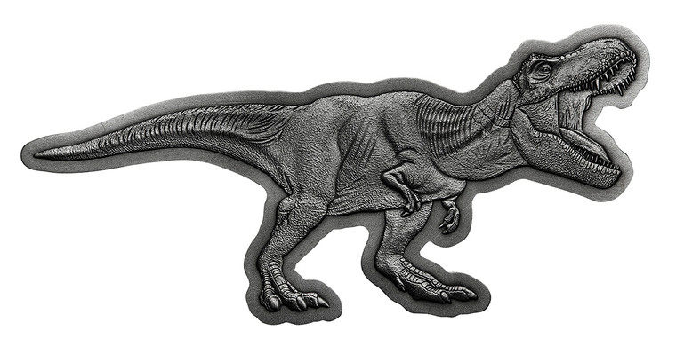 2021 Jurassic Park 2oz Silver Antiqued T.Rex Shaped Coin - reverse