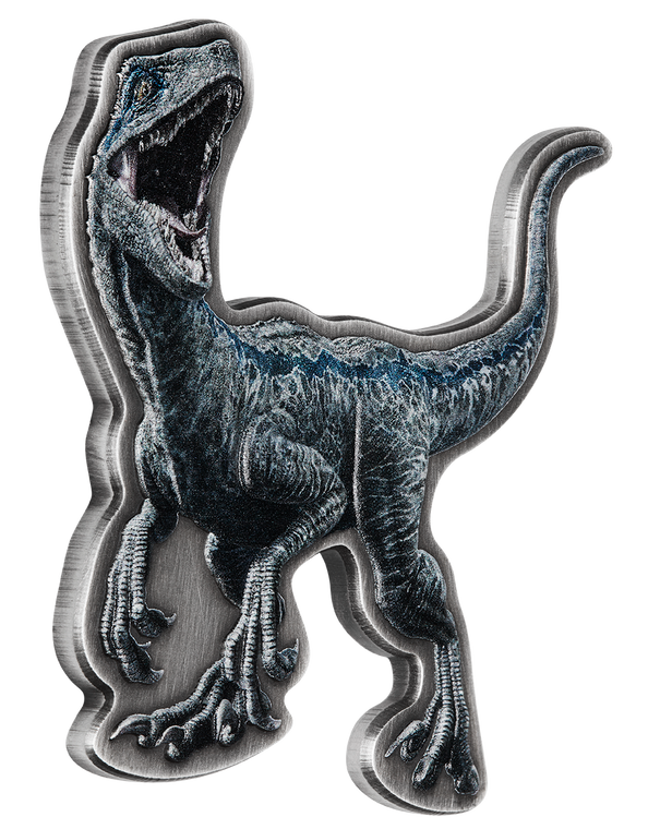 2021 Jurassic World 2oz Silver Antiqued Blue the Velociraptor Shaped Coin - reverse angle view
