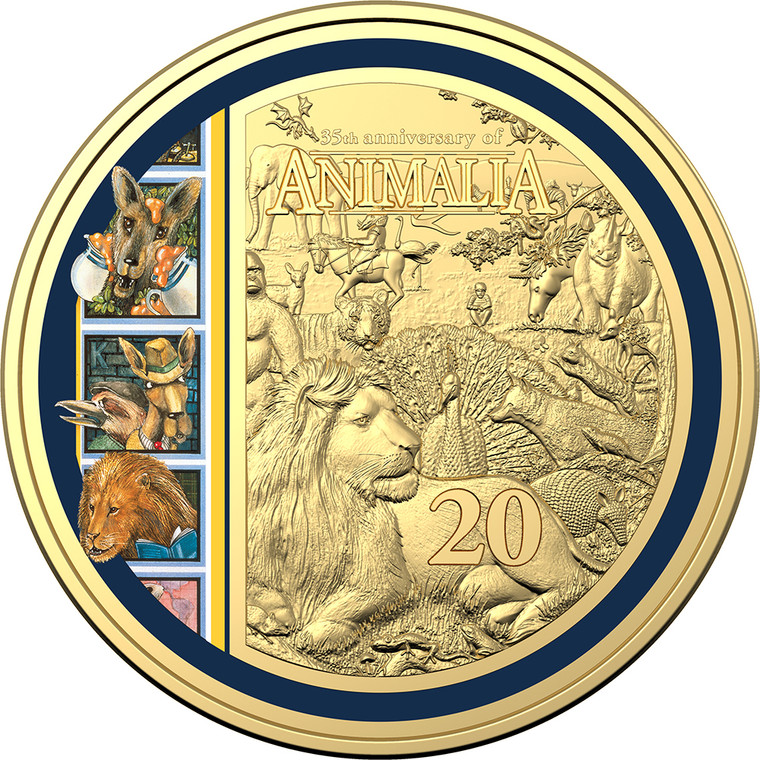 2021 35th Anniversary Of Animalia 20c Gold Plated Unc Coin - Special Edition Book - reverse