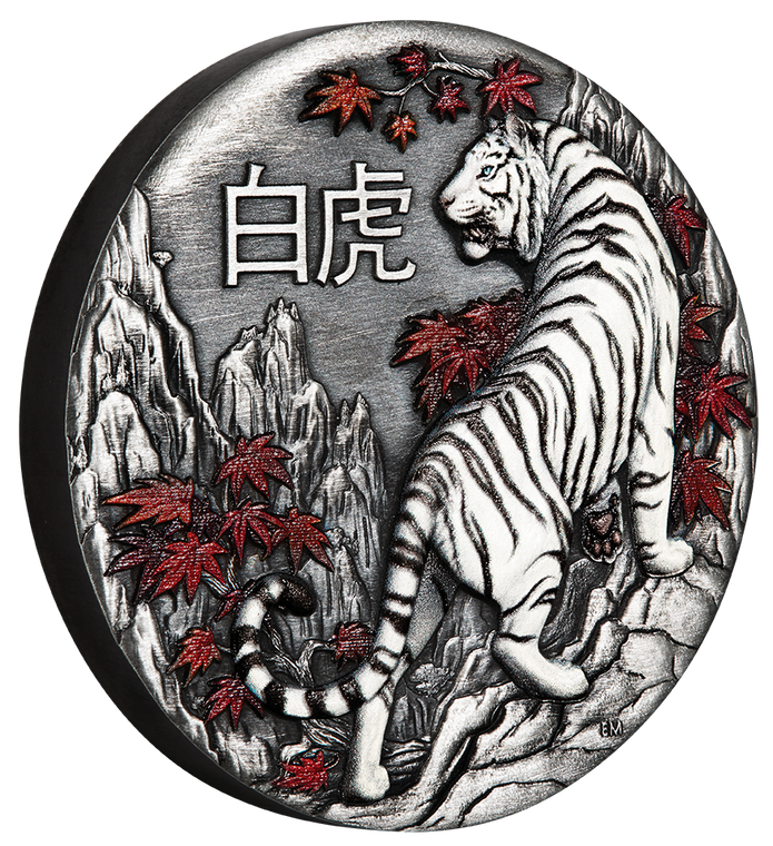 2022 White Tiger 2oz Silver Antiqued Coloured Coin - reverse angle view