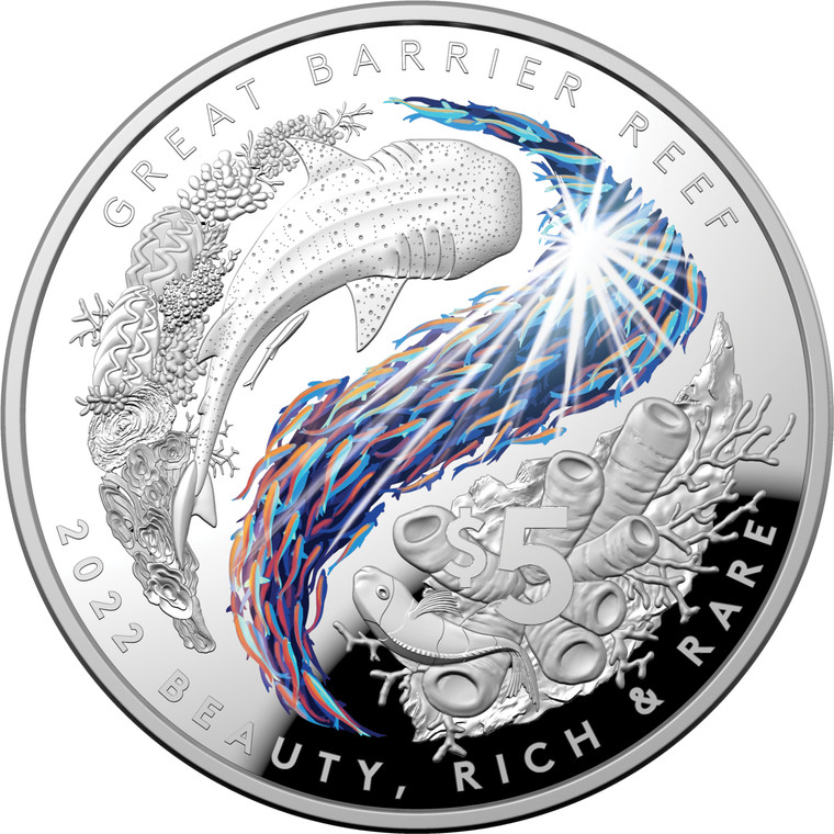 Beauty, Rich & Rare – Great Barrier Reef 2022 $5 Silver Coloured Proof Domed Coin - reverse