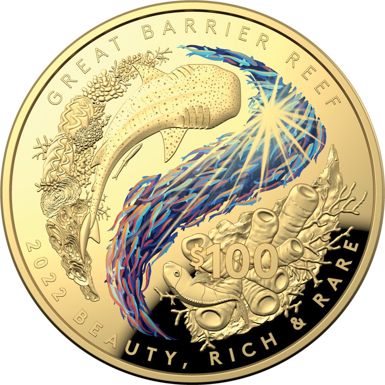 Beauty, Rich & Rare – Great Barrier Reef 2022 $100 Gold Coloured Proof Domed Coin - reverse