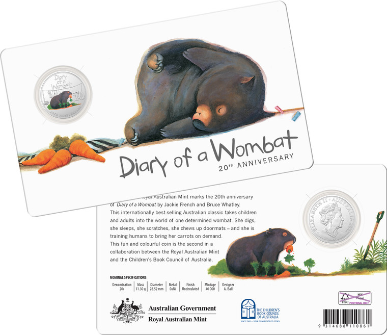 20th anniversary of Diary of a Wombat 2022 20c CuNi Coloured Uncirculated Coin - in card