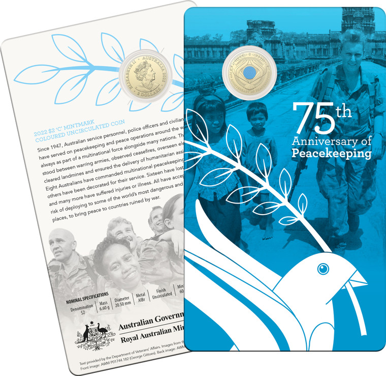 75th Anniversary of Peacekeeping 2022 $2 AlBr C Mintmark Coloured Uncirculating Coin - in presentation card