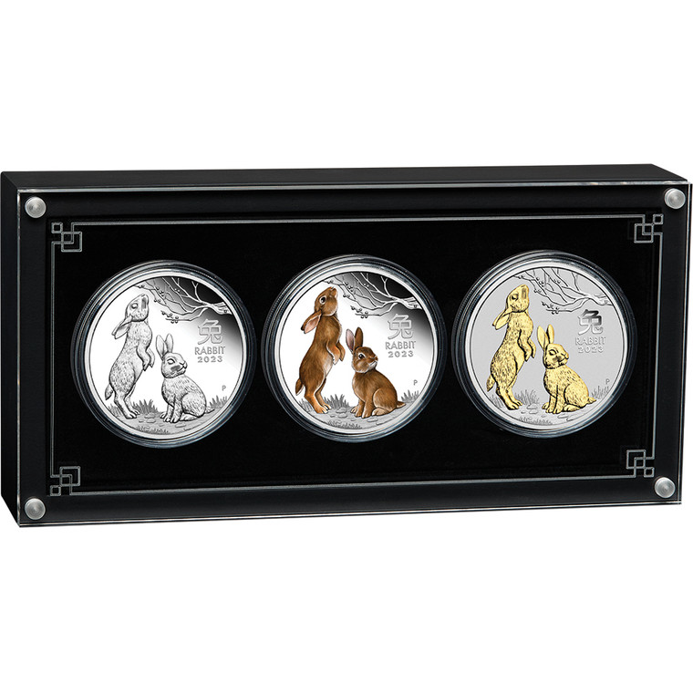 The Australian Lunar Series III 2023 Year of the Rabbit 1oz Silver Trio - in presentation box