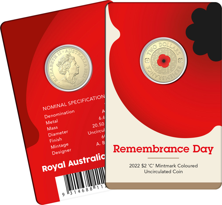 Remembrance Day 2022 $2 AlBr C Mintmark Coloured Uncirculated Coin - in presentation card