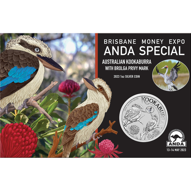 Brisbane Money Expo ANDA Special Australian Kookaburra 2023 1oz Silver Coin with Brolga Privy Mark - in presentation card