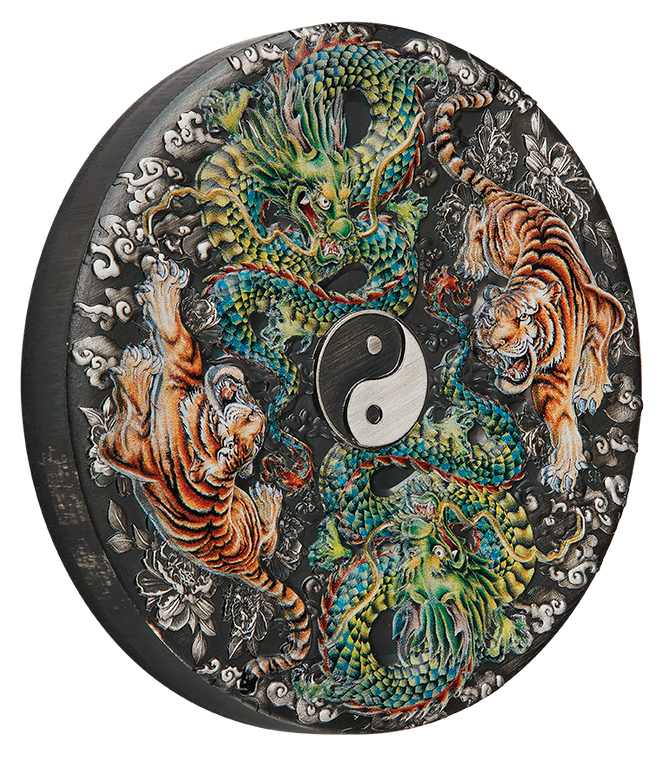 2023 Double Dragon and Double Tiger with Yin Yang 5oz Silver Antiqued Coloured Coin - reverse angle view