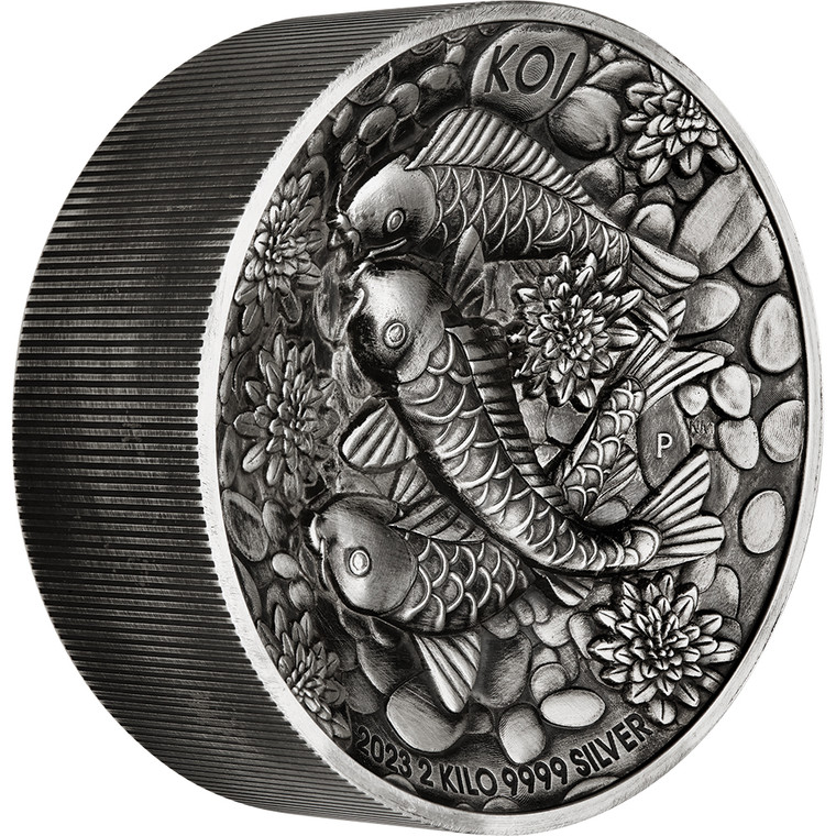Koi Fish 2023 2 Kilo Silver Antiqued High Relief Coin - reverse