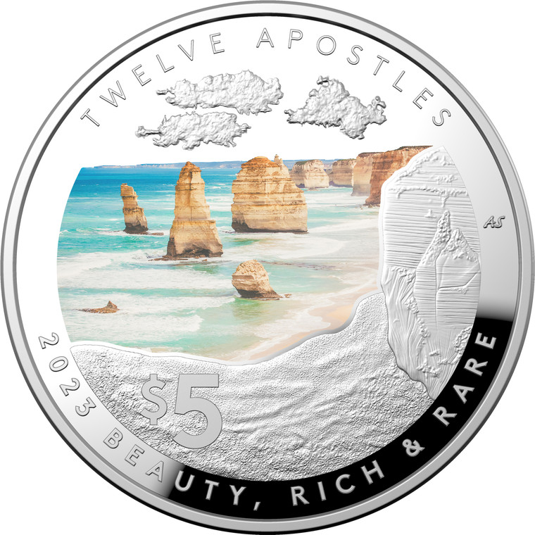 2023 $5 Silver Coloured Proof Domed Coin – Beauty, Rich & Rare – Twelve Apostles - reverse