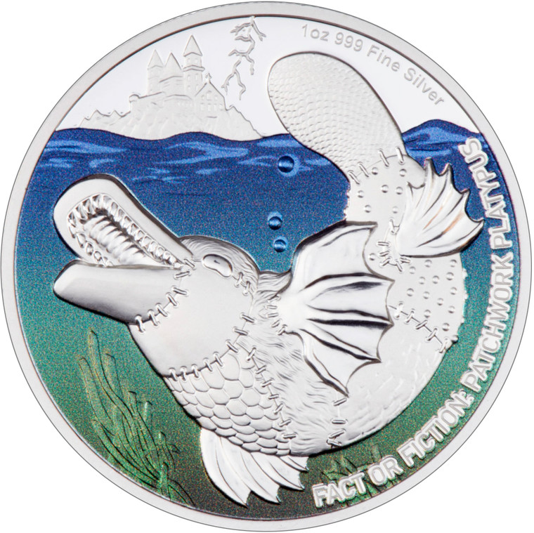 2023 Niue $2 Fact or Fiction: Patchwork Platypus 1oz Silver Proof Coin - reverse