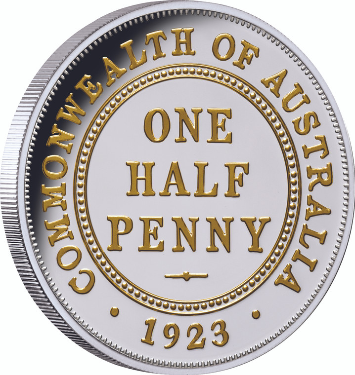 1923 Half Penny 100th Anniversary 2023 $1 Gold-plated 1oz Silver Proof Coin - reverse angle view