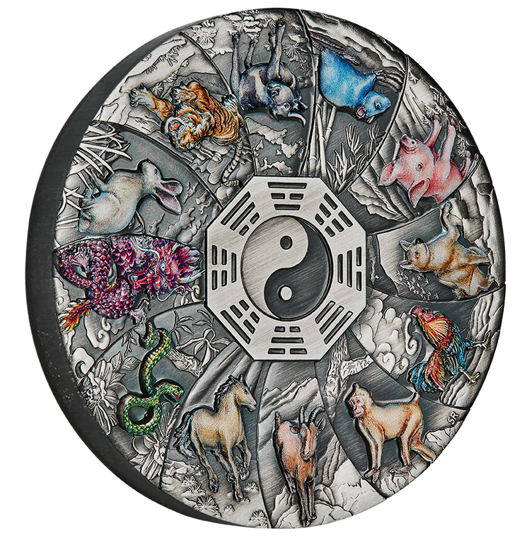 2023 12 Lunar Animals 5oz Silver Antiqued Coloured Coin - reverse angle view