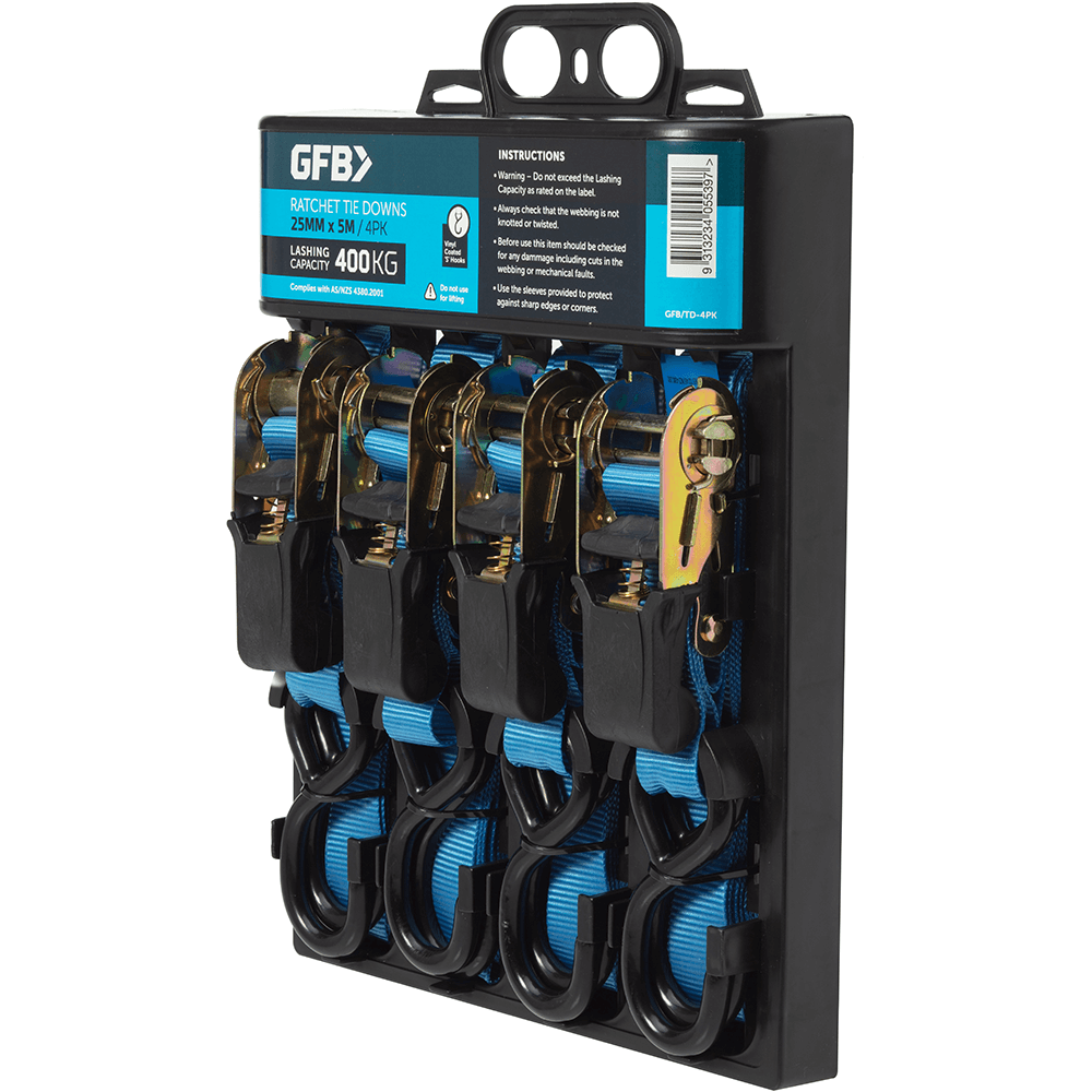 GFB 25mm x 5M 400Kg Capacity Ratchet Tie Down Straps - 4 Pack - GFB-TD ...