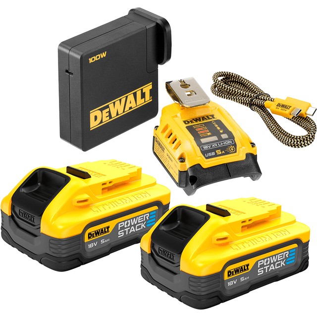 Kit 2 baterías DEWALT XR 18V Powerstack y cargador DCB1104H2 Carga baterías  2.0 Ah en 30 minutos. Ref. 5596X214 — Ferretería Miranda