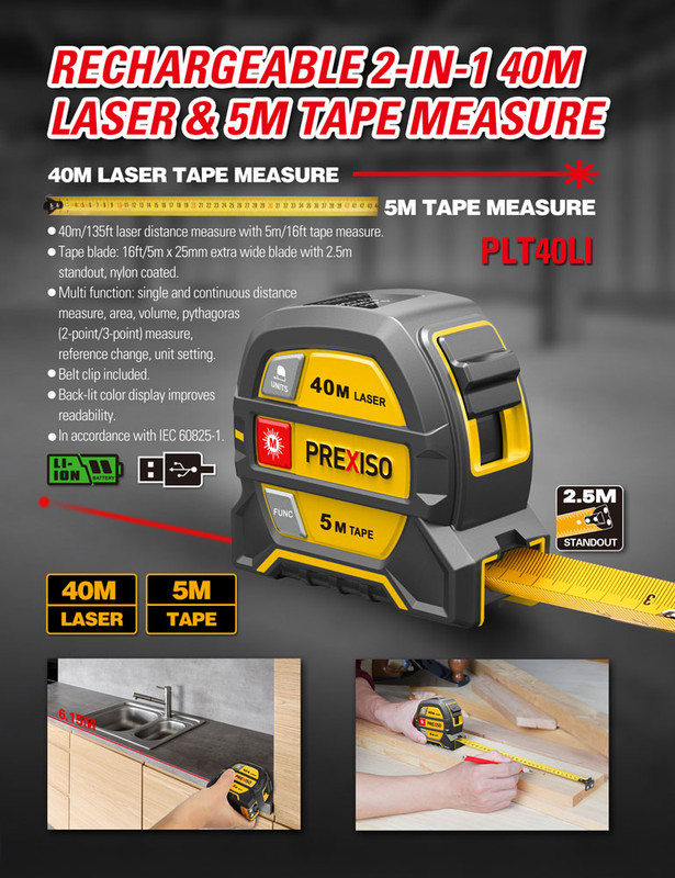 PREXISO 2 IN 1 Laser Tape Measuring Retractable Distance Meter 40M Digital  Laser & 5M Tape Measure Range Finder Lazer Metreler