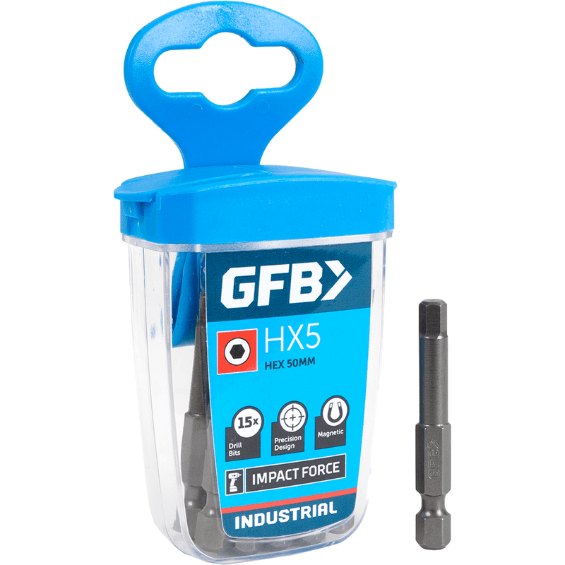 GFB 5mm x 50mm Hex Driver Power Bits In Belt Clip Container 15 Pack