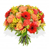 Orange and red flowers bouquet made with red germini and yellow alstroemeria