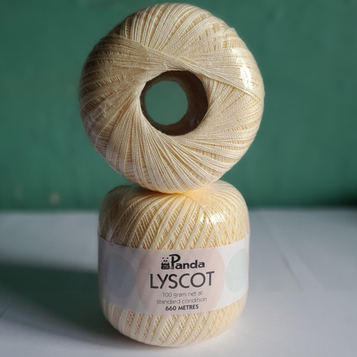 Panda Lyscot Cotton 100% mercerised cotton. 

Great for hand knitting, crochet, machine knitting , hand weaving or embroidery.

100gm ball 660metres hand wash only.