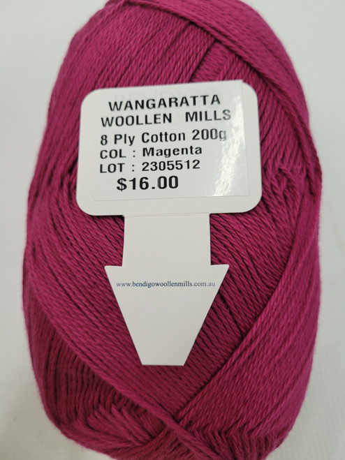 Wangaratta Woollen Mills own 8ply Cotton in 200gm balls.

Hand wash only, 4mm needle, 480 metres ( approx).

Great knitting for spring or summer wear.