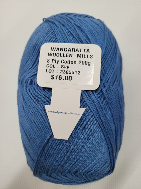 Wangaratta Woollen Mills own 8ply Cotton in 200gm balls.

Hand wash only, 4mm needle, 480 metres ( approx).

Great knitting for spring or summer wear.