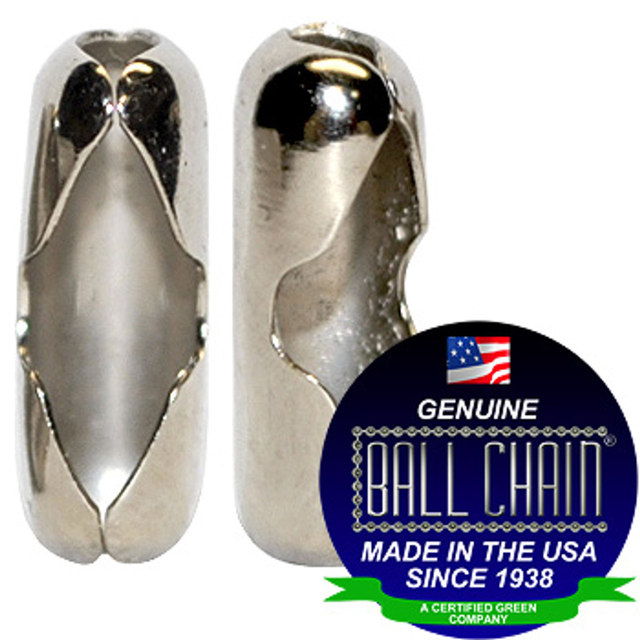 Two #6 Nickel Plated Brass Connectors with Ball Chain Manufacturing seal stating "Made in the usa since 1938" and "certified green business".